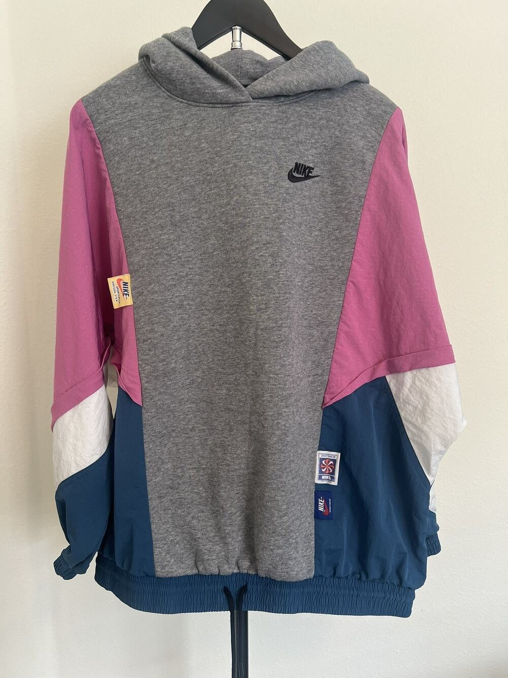 Vintage Nike Retro Grey Pink Blue Color block Hoodie Sz M Multiple Tags 2k Hip